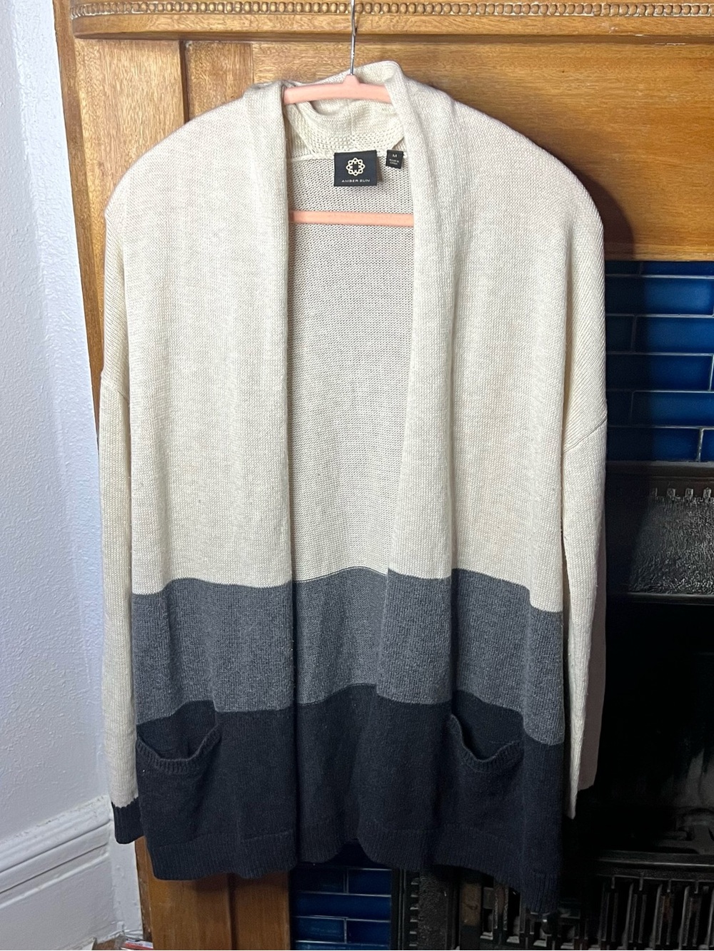Amber Sun (Nordstrom) Three-Tone Open Front Cardigan - Cream, Gray & Black